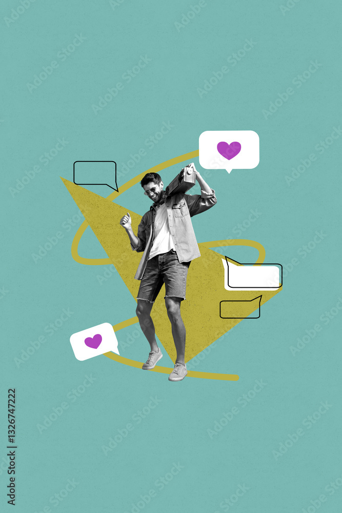 Poster artwork photo sketch vertical collage of happy man blogger hold retro boombox heart reaction feedbac