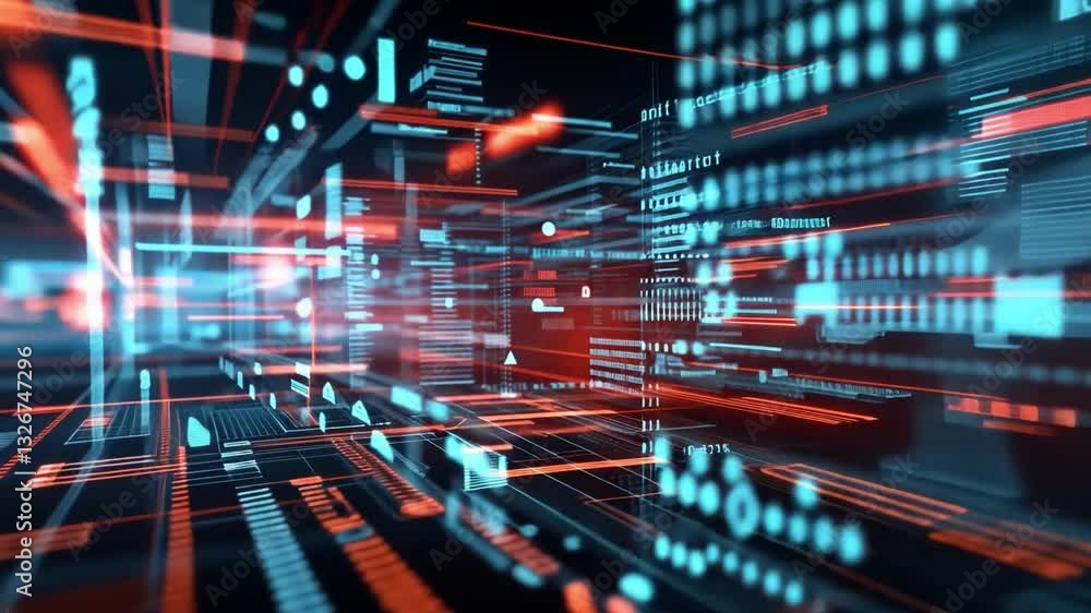 Poster futuristic digital abstract background with red and blue lines, code elements, and technological gra