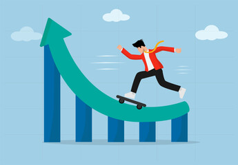 Obraz premium Business Growth and Success Concept. A Young Businessman Riding a Skateboard on an Upward Arrow Chart Symbolizing Career Growth, Financial Progress, Risk-Taking, Innovation, and Entrepreneurial Succes
