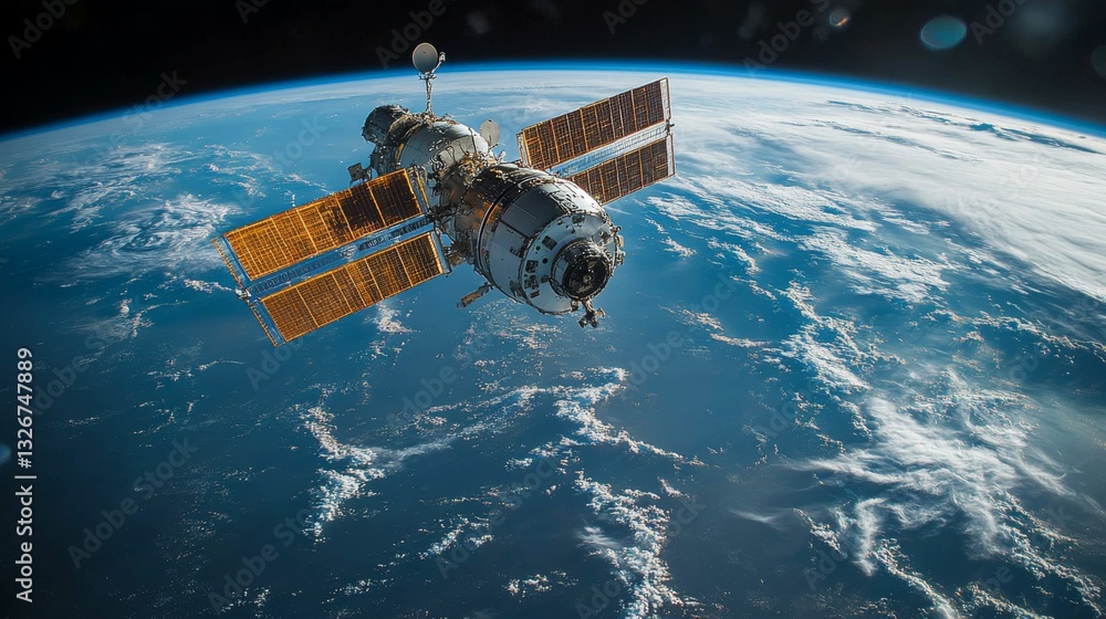 Poster Orbiting spacecraft utilizes satellite technology to transmit telemetry data from Earth's surface, enhancing global positioning and tracking systems through AI-generated signals.