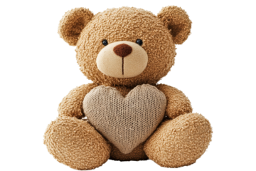 Teddy bear with heart shaped pillow sitting on ground