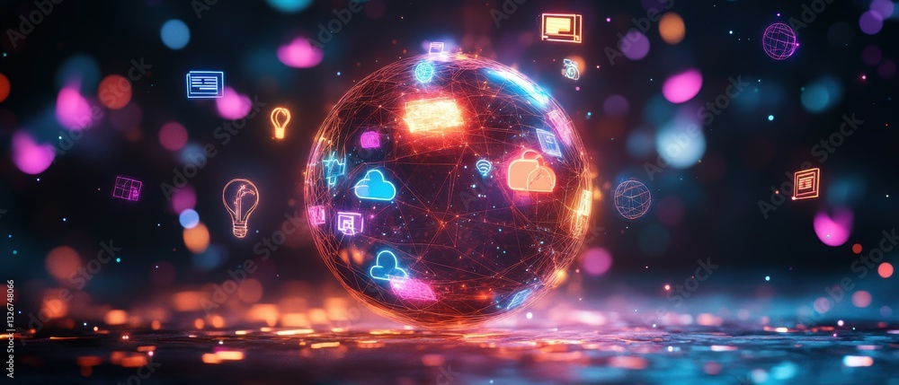 Poster glowing wireframe globe with interconnected icons on a dark background