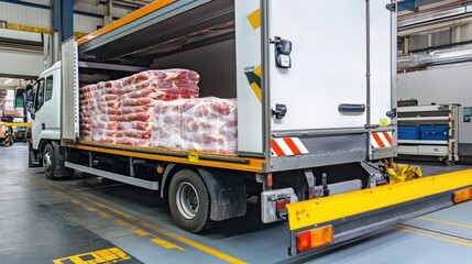 Naklejka premium Refrigerated delivery truck loaded with vacuum-sealed meat products at a factory dock