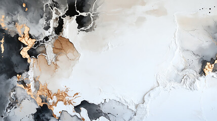 Abstract fluid art painting with black, white, and gold tones creating dynamic and elegant composition. textured details and organic flow of colors evoke sense of movement and sophistication