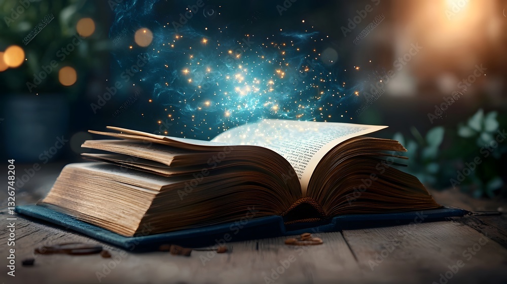 Poster futuristic quantum encryption symbols emerging from the pages of an open book