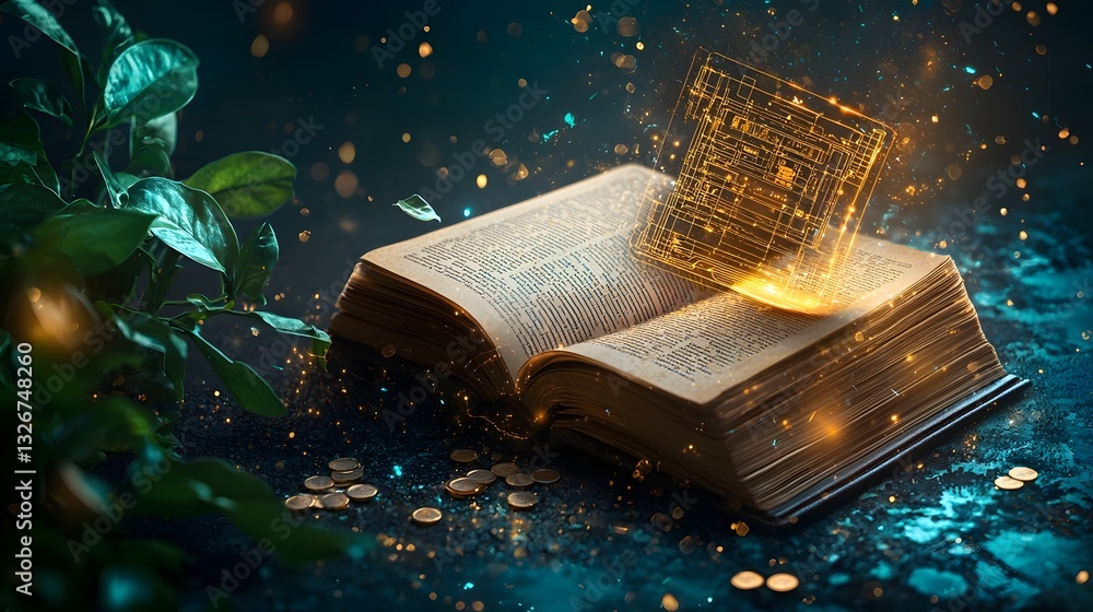 Poster futuristic quantum encryption symbols and patterns emerging from the pages of an open book showcasin