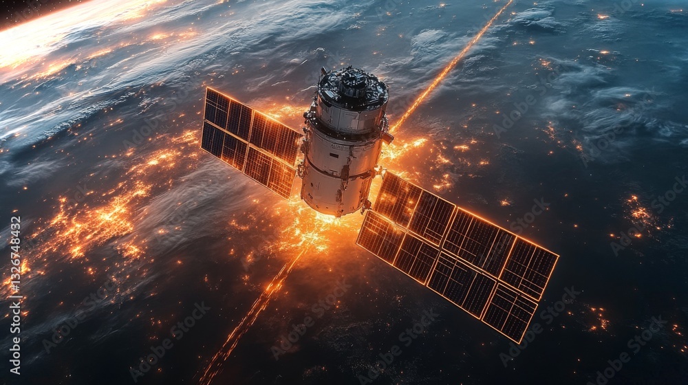 Poster a spacecraft equipped with solar panels transmits crucial positioning signals while orbiting earth d