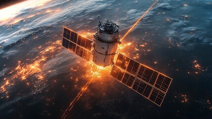 A spacecraft equipped with solar panels transmits crucial positioning signals while orbiting Earth during twilight. The planet's illuminated surfaces highlight urban areas below.