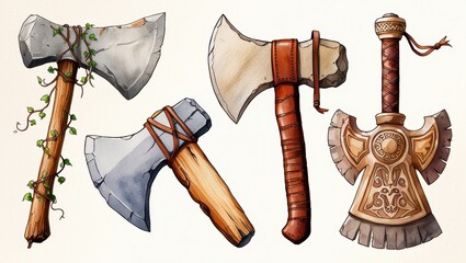 Ancient Stone Axes Fantasy Weapons Hand drawn Illustration Game Assets Medieval Artifacts