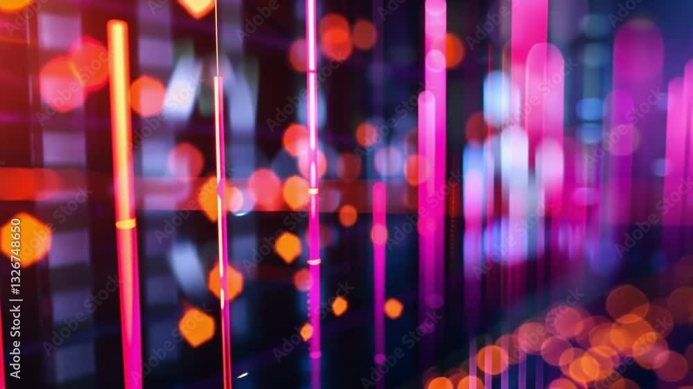 Poster vibrant abstract vdo featuring colorful bokeh lights and vertical light streaks creating dynamic and