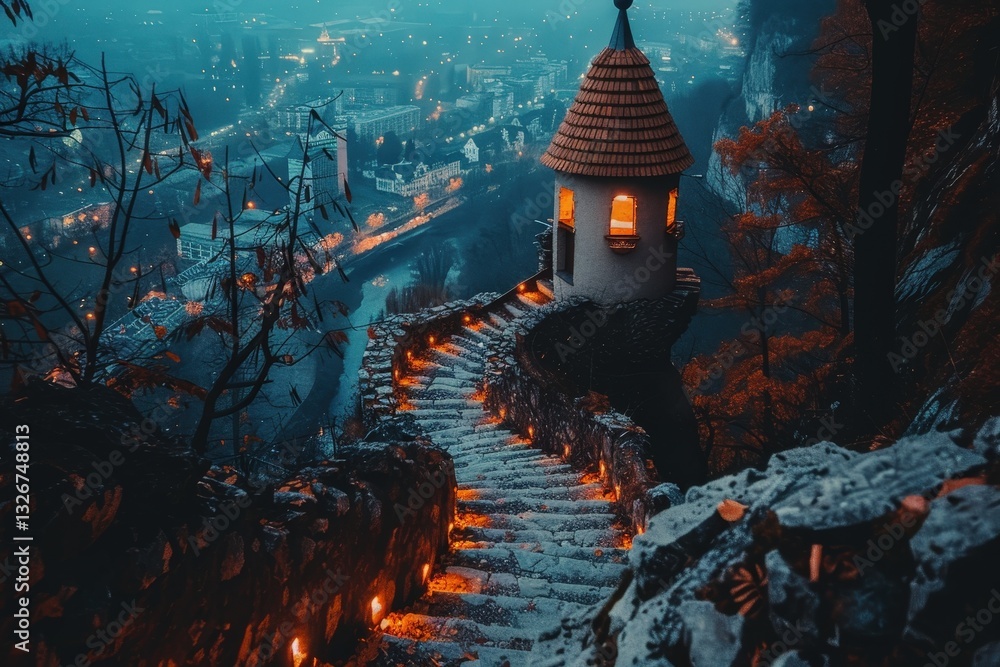Poster a small building with a roof and a window is lit up with candles