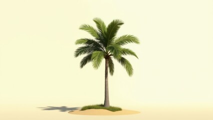 A little palm tree stands alone on a small sandy patch with some grass, against a plain background.