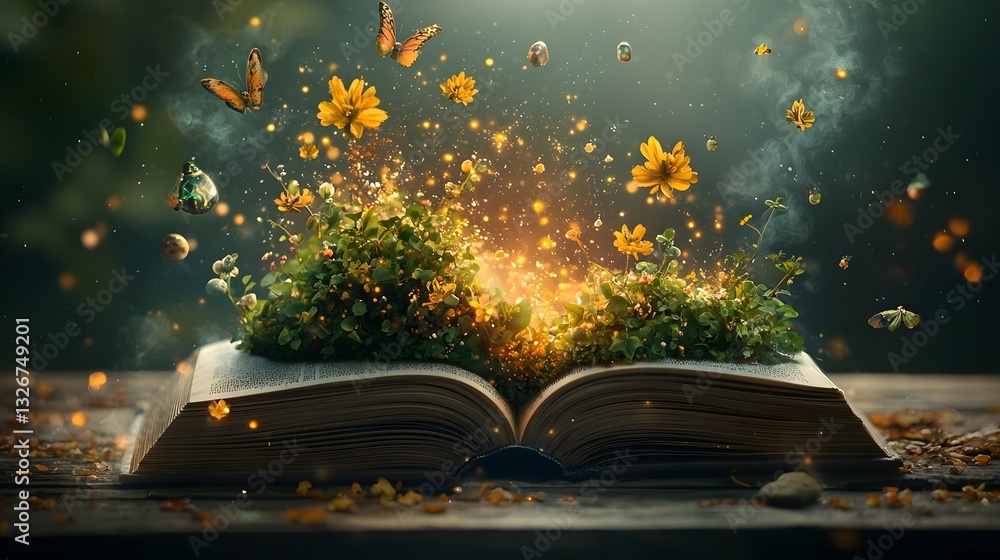 Poster a surreal photograph showcasing an open book that has become a portal to a realm of boundless imagin