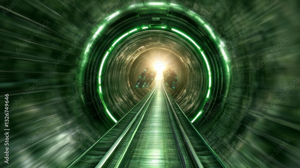 Poster abstract digital art depicting a futuristic green tunnel with glowing rings and a bright light at th