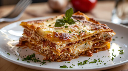Lasagna with layers of pasta, ricotta cheese, ground meat, and rich tomato sauce, topped with melted cheese and garnished with fresh basil, served on white plate with parsley