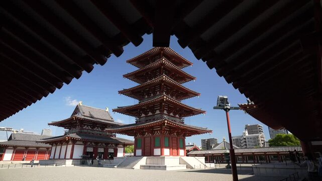 View of Shitenno-ji Gojunoto (Five Storey Pagoda) on a sunny day, Shitennoji, Tennoji Ward, Osaka, Honshu, Japan