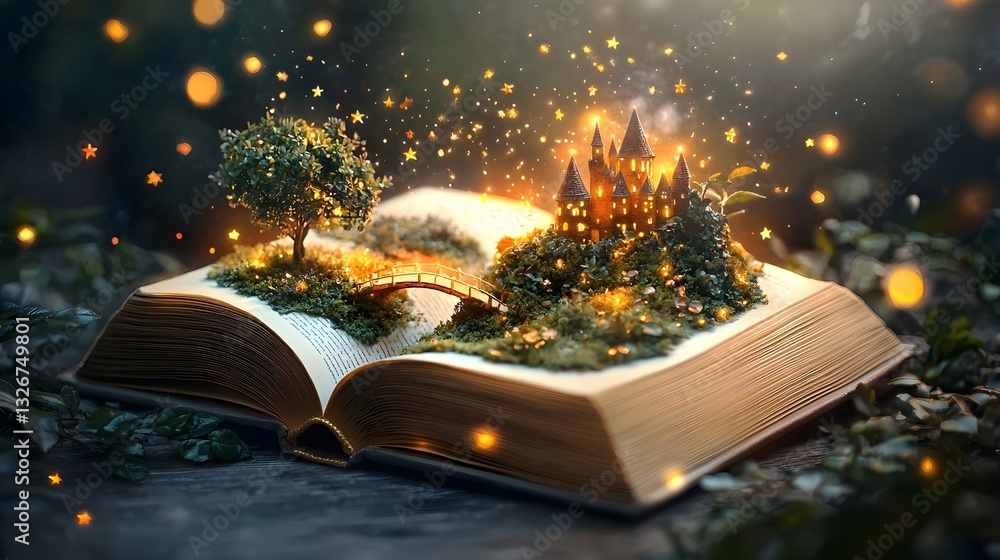 Poster A captivating photograph of an open book where a rainbow bridge extends into a dreamlike world filled with floating castles and glowing stars evoking a sense of wonder imagination and transcendence