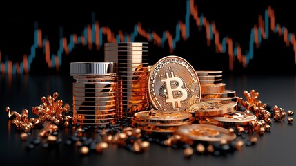 Cryptocurrency Stack with Bitcoin and Gold Coins on Stock Market Background