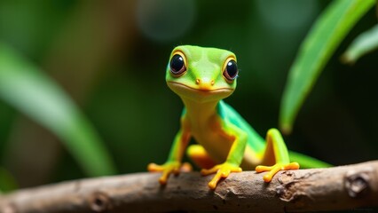 Obraz premium A Madagascar day gecko perched on a branch, showcasing its vibrant green and yellow colors