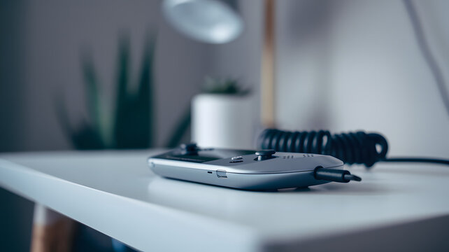 Portable gaming device with charging cable placed on a wooden table, showcasing modern gaming convenience and portable entertainment technology.