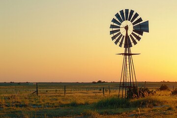 A windmill is standing in a field with a beautiful sunset in the background