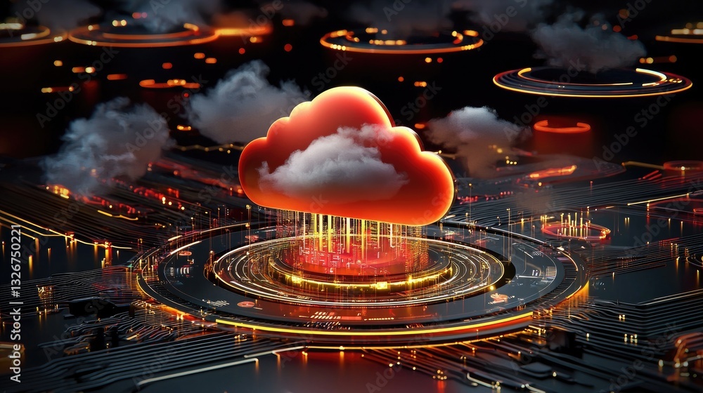 Aufkleber a glowing cloud computing interface with real-time data exchange visuals.