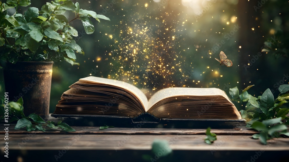 Poster a captivating image of an open book where a mystical portal opens unveiling a surreal alternate univ