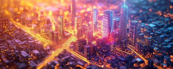 Fototapeta premium A vibrant, abstract city model with GIS geodata layers, showcasing futuristic urban details, digital streets, and glowing infrastructure, highlighting advanced city management