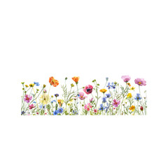Watercolor meadow of wild flowers with a field border featuring