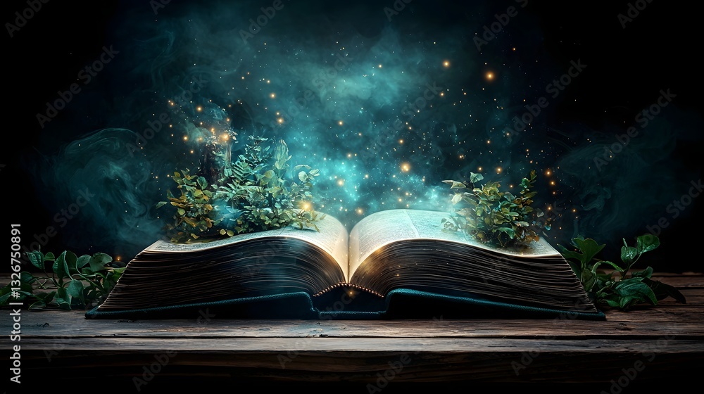 Poster captivating image of an open book revealing a magical portal that transports the viewer to a surreal