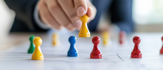 person strategically places colorful game pieces on board, symbolizing planning and decision making in business strategy. image conveys sense of focus and strategy in professional setting