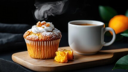 Freshly Baked Cupcake with Whipped Cream and Coffee on Wooden Board