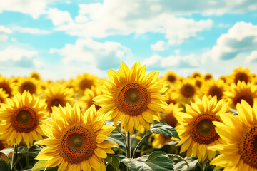 Obraz premium Field of yellow sunflowers with a bright, sunny sky in the background. The sunflowers are in full bloom and are scattered throughout the field. The scene is peaceful and serene