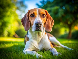 Drone View: Relaxed American-English Coonhound Dog Resting on Lush Green Grass