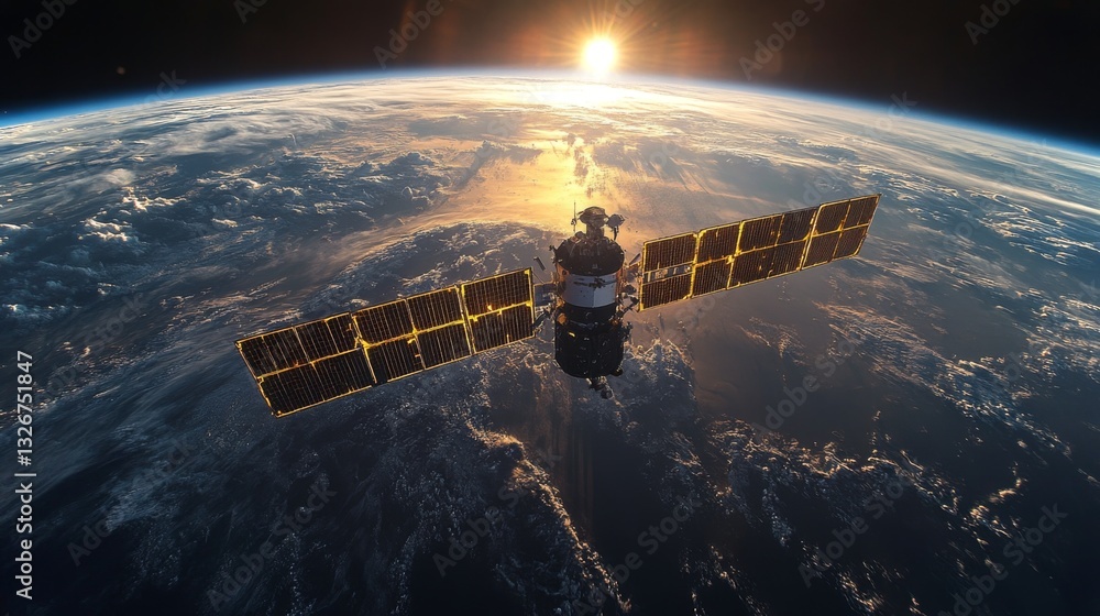 Poster a satellite orbits earth, transmitting telemetry data and signals while its solar panels reflect sun