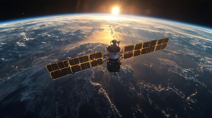 Obraz premium A satellite orbits Earth, transmitting telemetry data and signals while its solar panels reflect sunlight during dawn. The planet's surface reveals clouds and oceans below.