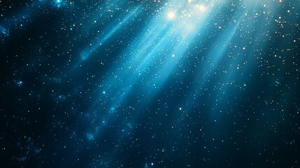 Celestial light rays illuminate dark space, glittering particles. Ideal for fantasy, spirituality, or science fiction backgrounds