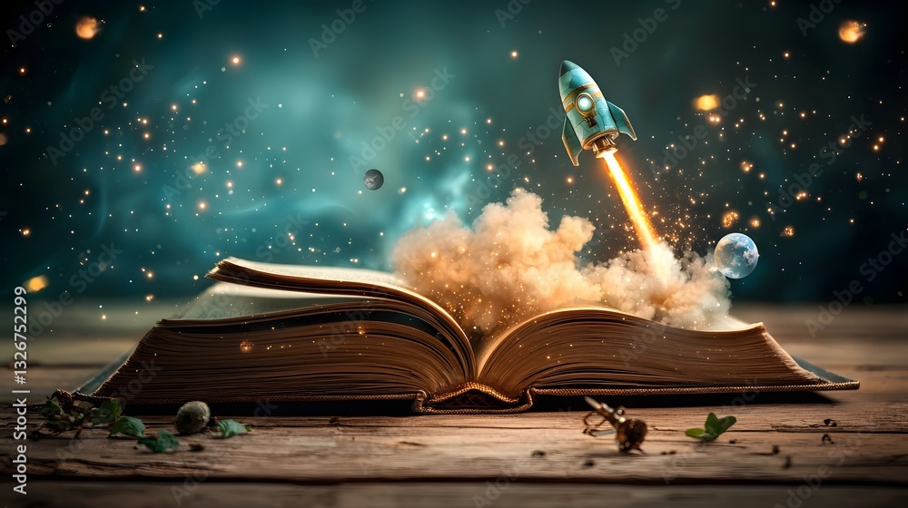 Poster an open book s pages come alive launching a spaceship into the infinite expanse of a galactic wonder