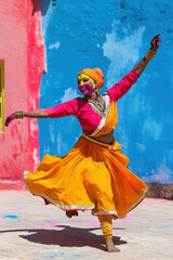 Fototapeta premium dancer joyfully performs traditional Indian dance, adorned in vibrant attire with colorful face paint, set against vivid blue and pink background