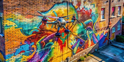 Fototapeta premium Drone View: Vibrant Graffiti Art on Aged Brick Wall - Urban Street Art Photography