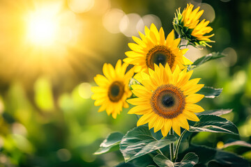 Obraz premium Field of yellow sunflowers with a bright, sunny sky in the background. The sunflowers are in full bloom and are scattered throughout the field. The scene is peaceful and serene