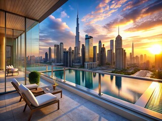 Obraz premium Dubai Luxury Penthouse Sunset Skyline Cityscape Pool Balcony Modern Architecture