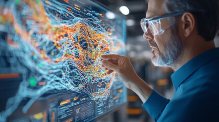 man analyzing data on digital screen, showcasing complex graphs and patterns. environment is modern and tech focused, highlighting innovation and research