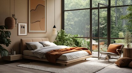 Diseño interior escandinavo de dormitorio moderno.