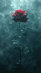 Single red rose is the main focus of the image, with steam rising from it. The steam and the rose create a sense of mystery and intrigue
