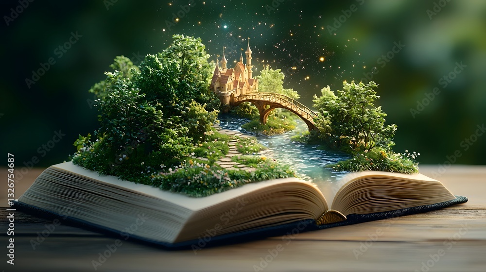 Poster fantastical fairytale kingdom with floating castles magical bridges and sparkling rivers emerging fr