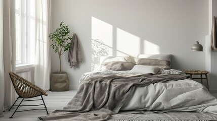Diseño interior escandinavo de dormitorio moderno.