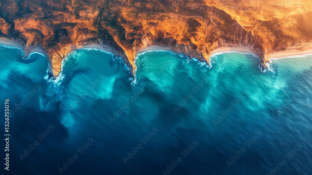 Poster high-resolution satellite captures a breathtaking view of a coastal area, featuring dynamic ocean wa