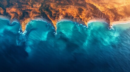 High-resolution satellite captures a breathtaking view of a coastal area, featuring dynamic ocean waves and rocky cliffs under bright sunlight, reflecting diverse colors in the water.