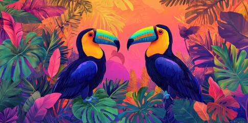 Fototapeta premium Two Toucans Posed Within a Colorful Tropical Jungle Setting